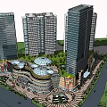 Modern Commercial Landscape With High Rise Buildings Circular Rooftops And Greenery