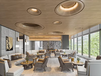 Modern Lounge Area Interior With Round Ceiling Lights Sofas And Coffee Tables 3d model