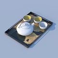 Black Serving Tray with White Teapot Yellow Cups and Gold Patterned Mat 3d model