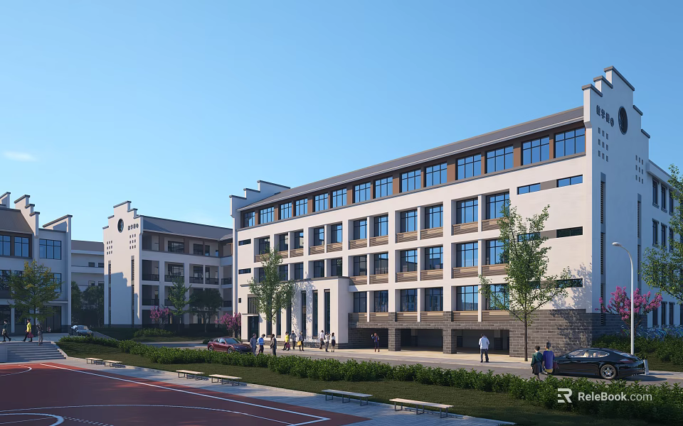 Modern School Building With White Grey Exterior Large Windows And Green Campus With Running Track 3d model 