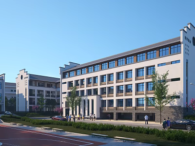 Modern School Building With White Grey Exterior Large Windows And Green Campus With Running Track 3d model