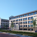 Modern School Building With White Grey Exterior Large Windows And Green Campus With Running Track
