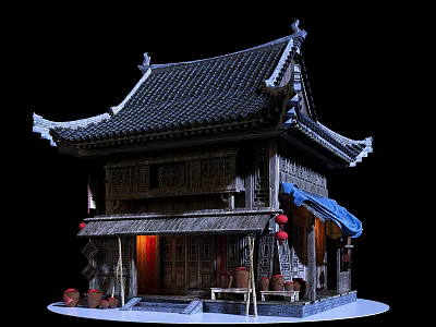 Traditional Chinese Ancient Architecture with Curved Eaves Tile Roof and Wooden Structure Red Lanterns 3d model