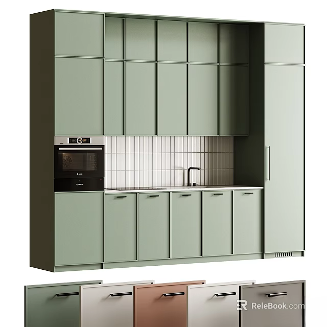 Modern Light Green Kitchen Cabinets With White Tile Backsplash And Sink Handles 3d model 