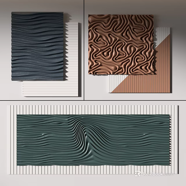 Modern 3D Textured Wall Decor With Wave Patterns Wooden And Green Designs 3d model