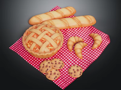 Assorted Baked Goods Including Pie Baguettes Croissants And Cookies On Red White Checkered Cloth 3d model