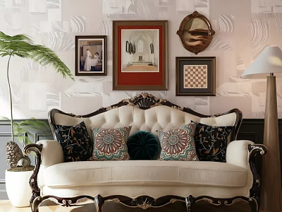 Ornate Single Sofa With Colorful Decorative Pillows And Framed Artworks On Patterned Wallpaper 3d model