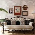 Ornate Single Sofa With Colorful Decorative Pillows And Framed Artworks On Patterned Wallpaper