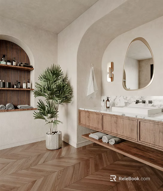 Bathroom Interior With Arched Beige Walls Wooden Cabinets Oval Mirror And Palm Plant 3d model 
