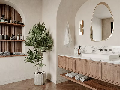 Bathroom Interior With Arched Beige Walls Wooden Cabinets Oval Mirror And Palm Plant 3d model