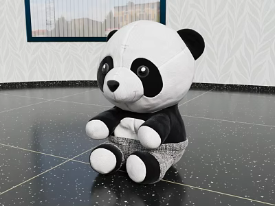 Cute Black And White Panda Plush Toy Sitting On Black Floor With White Spots 3d model