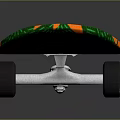 Skateboard Deck Featuring Green Flame Design Black Sun Patterns And Orange Trim