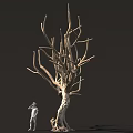 Tall Leafless Tree With Thick Trunk And Standing Figure Against Dark Background
