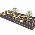 Stylish Yellow Modern Pergola Design With Trees Benches And Outdoor Paving