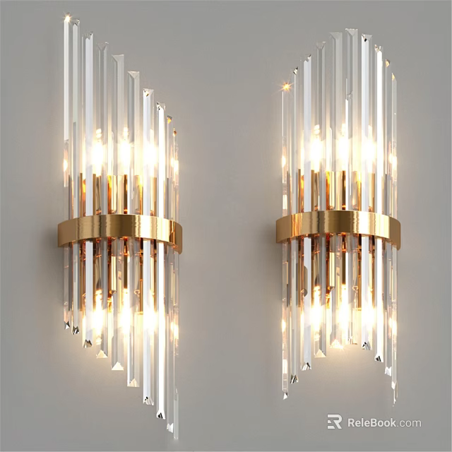Modern Wall Lamps With Transparent Crystal Rods And Golden Metal Rings Illuminated On Wall 3d model 