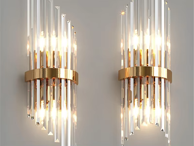 Modern Wall Lamps With Transparent Crystal Rods And Golden Metal Rings Illuminated On Wall 3d model