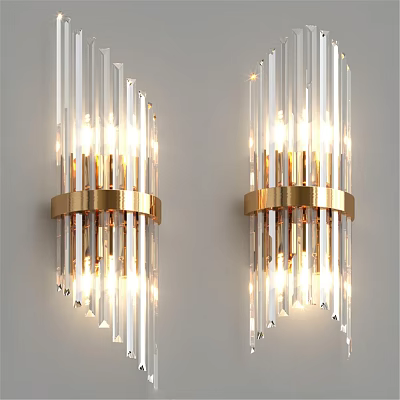 Modern Wall Lamps With Transparent Crystal Rods And Golden Metal Rings Illuminated On Wall 3d model