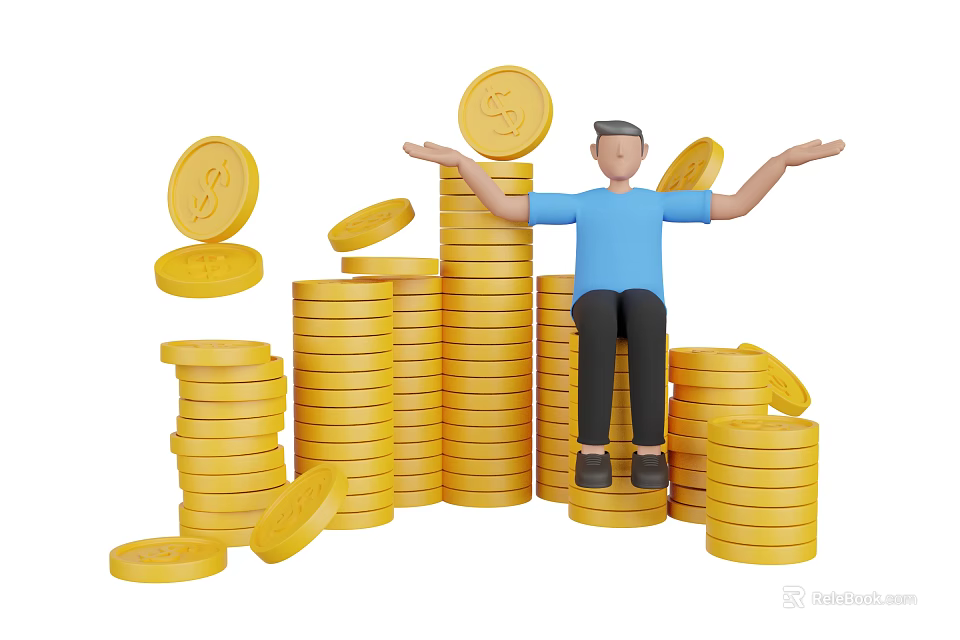 A Man Sitting On Stacks Of Gold Coins With Open Arms And Scattered Coins 3d model 