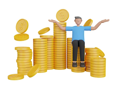 A Man Sitting On Stacks Of Gold Coins With Open Arms And Scattered Coins 3d model