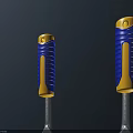 Two Hardware Tools Wrenches With Blue And Yellow Handles Metal Heads On Dark Gray Surface