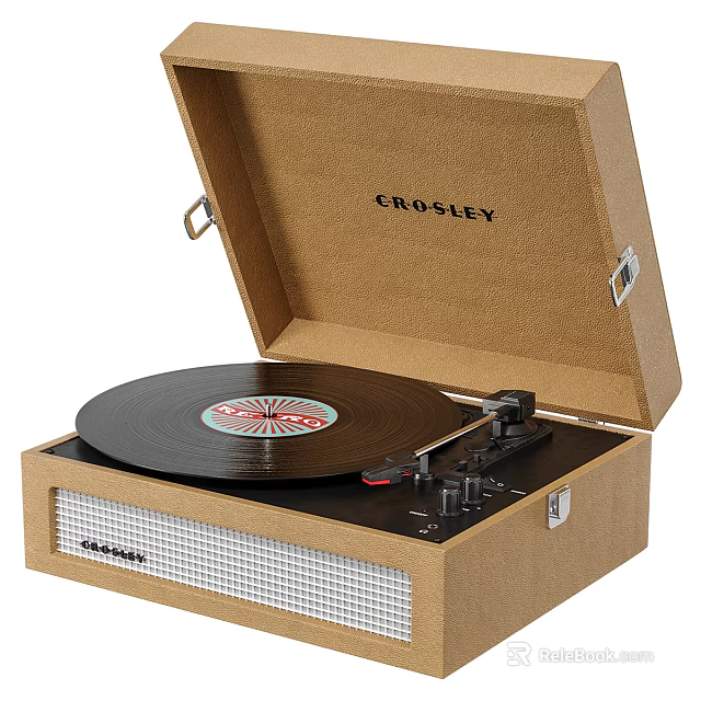 Crosley Record Player With Open Case Black Vinyl Record And Control Knobs 3d model 