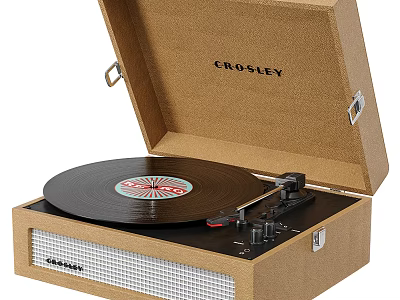 Crosley Record Player With Open Case Black Vinyl Record And Control Knobs 3d model