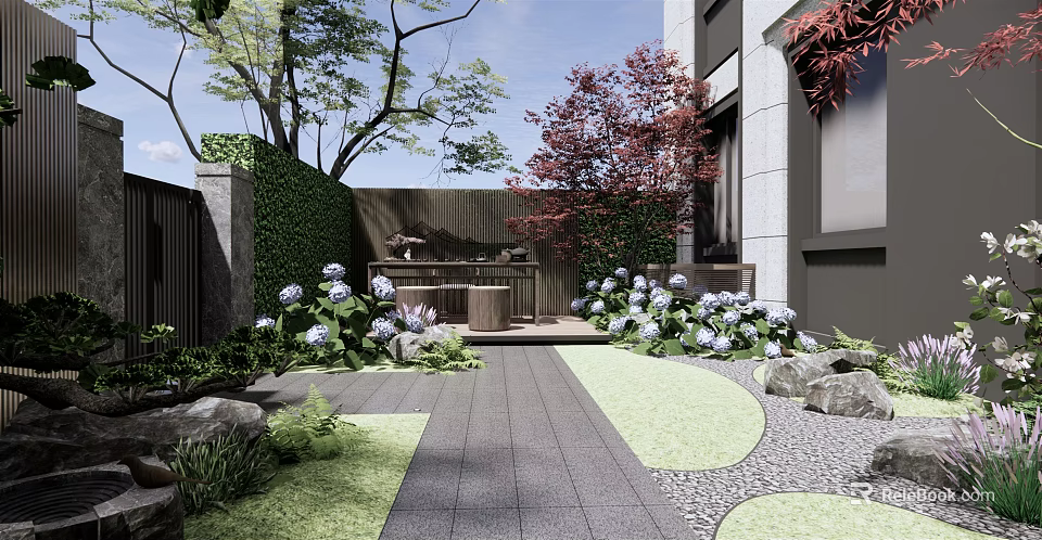 Garden Courtyard Design With Stone Pathway Lush Plants And Flower Beds 3d model 