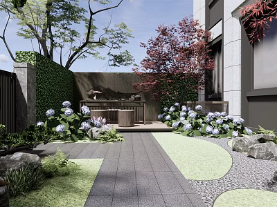 Garden Courtyard Design With Stone Pathway Lush Plants And Flower Beds 3d model