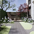 Garden Courtyard Design With Stone Pathway Lush Plants And Flower Beds