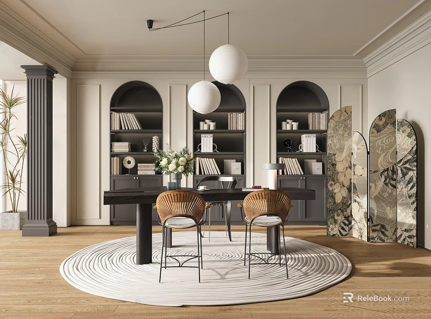 Elegant Study Room Interior With Arched Bookshelves Black Table Brown Chairs And White Pendant Lights 3d model 