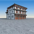 Traditional Chinese Ancient Architecture With Two Story Structure Wooden Doors Overhanging Eaves And Stone Pavement