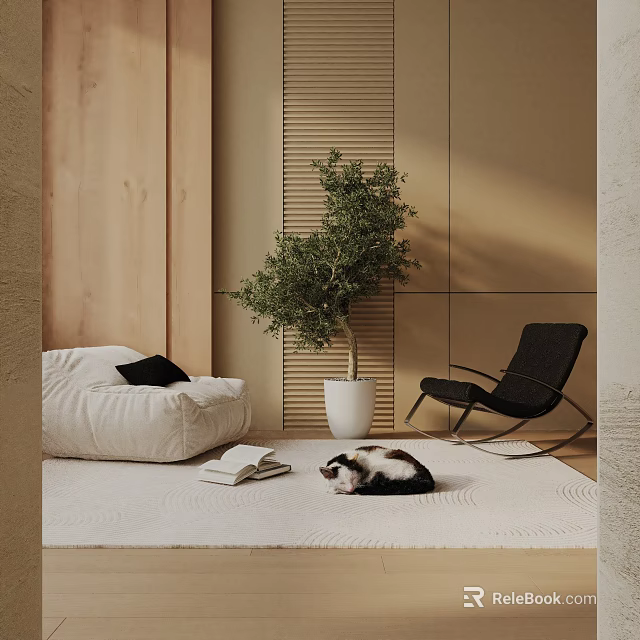 Black Rattan Leisure Chair In Modern Living Space With Plush Rug Olive Plant And Cat 3d model 
