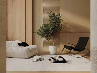 Black Rattan Leisure Chair In Modern Living Space With Plush Rug Olive Plant And Cat 3d model