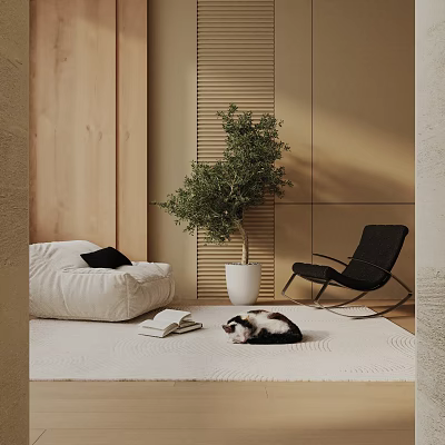 Black Rattan Leisure Chair In Modern Living Space With Plush Rug Olive Plant And Cat 3d model