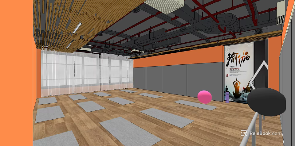 Spacious Yoga Studio Interior With Wooden Floor Gray Mats And Pink Fitness Ball 3d model 