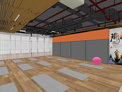 Spacious Yoga Studio Interior With Wooden Floor Gray Mats And Pink Fitness Ball 3d model