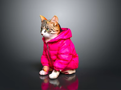 Cute Tabby Cat Wearing Bright Pink Puffer Coat Sitting On Shiny Dark Surface 3d model