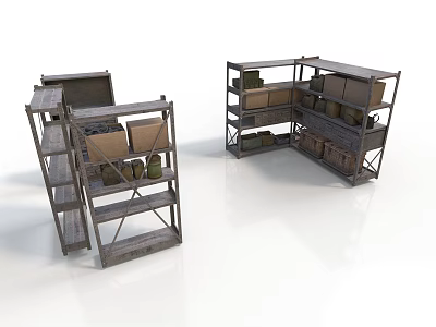 Industrial Metal Storage Shelves With Cardboard Boxes And Jars 3d model