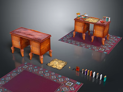 Vintage Wooden Furniture Tables With Carved Legs Drawers And Patterned Rugs 3d model
