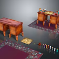 Vintage Wooden Furniture Tables With Carved Legs Drawers And Patterned Rugs
