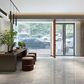 Modern Office Space Interior With Desk Computer Bookshelves Marble Counter Stools And Green Plant