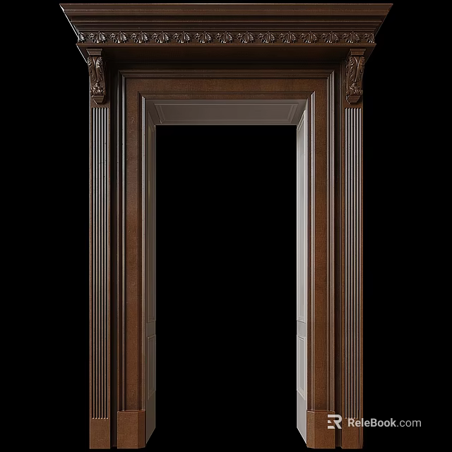 Elegant Wooden Hinged Door With Detailed Classical Carved Frame And Decorative Columns 3d model 