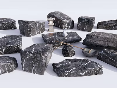 Natural Black Marble Stones And Wooden Lantern Tools For Outdoor Decoration 3d model