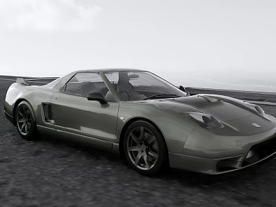 Silver Sleek Sports Car Driving On Coastal Road With Ocean View And Sky 3d model