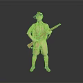 Man in Khaki Outfit and Hat Holding Rifle Against Gray Background