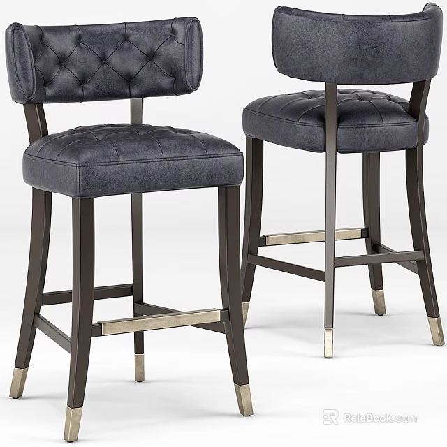 Dark Grey Tufted Bar Stools With Upholstered Seats And Metal Legs 3d model 
