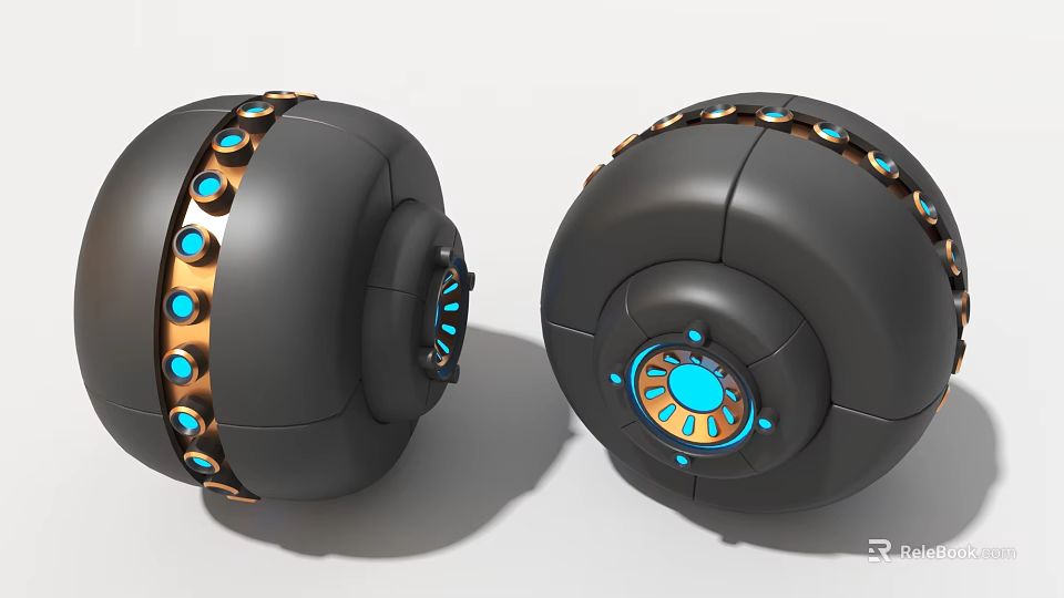 Black Spherical Industrial Equipment With Golden Ring Decorations And Blue Glowing Elements 3d model
