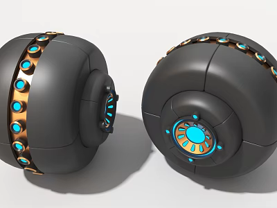 Black Spherical Industrial Equipment With Golden Ring Decorations And Blue Glowing Elements 3d model