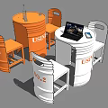 Barrel Made Dining Table Set With Orange White Chairs And Laptop On Top