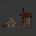 Wooden Building Set With Thatch Roof Cottage Windmill Fence And Small Bucket